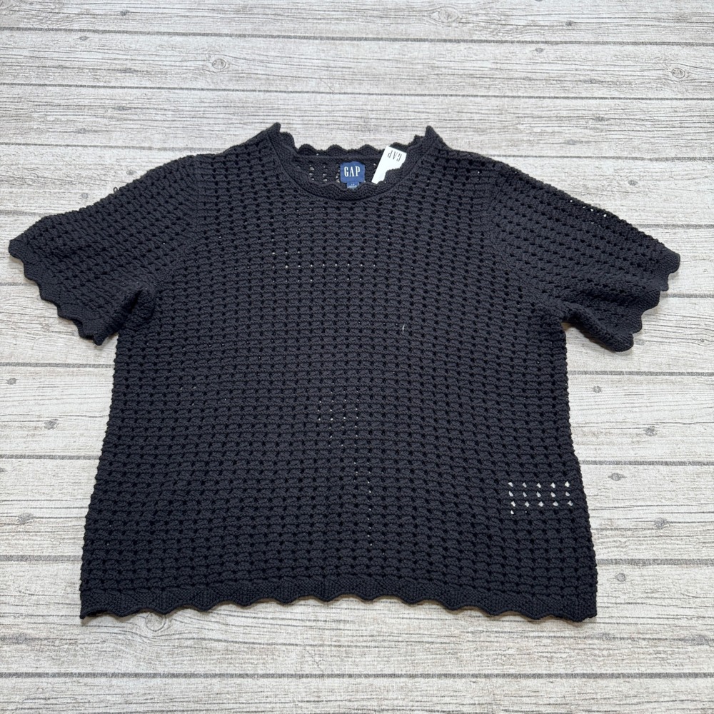 NEW Gap Blouse Womens Large Black Short Sleeve Scalloped Cotton Crochet Knit Top